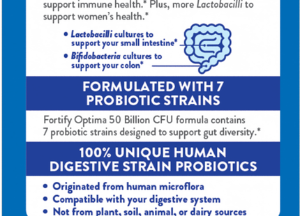 Nature's Way Optima Women's Probiotic offers 50 Billion live cultures and 7 probiotic strains. 